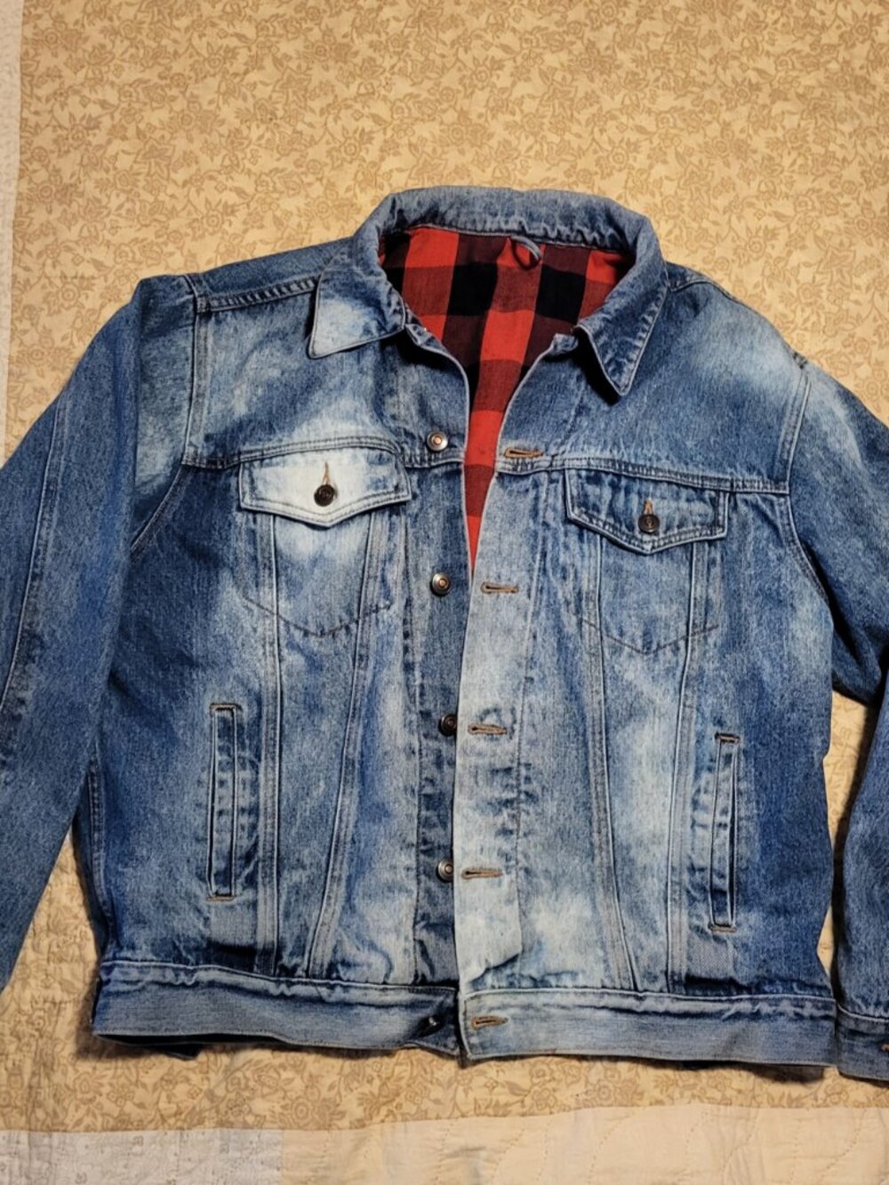 Men's Vintage Stonewashed Denim Jacket with Red Plaid Lining Men's Large